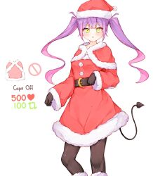 Rule 34 | 1girl, belt, black gloves, black leggings, blush, boots, capelet, center-flap bangs, christmas, demon tail, double-parted bangs, dress, english text, fur-trimmed boots, fur-trimmed capelet, fur-trimmed dress, fur-trimmed headwear, fur trim, gloves, green eyes, hat, highres, hololive, leggings, looking at viewer, ma draws, meme, multicolored hair, pink hair, purple hair, red dress, santa boots, santa costume, santa dress, santa hat, sidelocks, streaked hair, tail, tokoyami towa, triangle mouth, twintails, twitter strip game (meme), virtual youtuber, white background