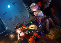 Rule 34 | 2girls, alternate costume, arm rest, balcony, bare arms, bare shoulders, bat wings, blonde hair, bow, breasts, candlestand, castle, head rest, choker, cleavage, cross-laced clothes, dutch angle, flandre scarlet, full moon, hair ribbon, halterneck, hat, hat ribbon, head rest, knees together feet apart, laces, leaning forward, leg ribbon, light purple hair, light smile, looking at viewer, looking away, looking back, medium breasts, mob cap, moon, multiple girls, night, night sky, pennant, railing, red eyes, red ribbon, remilia scarlet, ribbon, short hair, siblings, side ponytail, sisters, sitting, skirt, sky, sleeveless, string of flags, tank top, terric, touhou, tower, wings