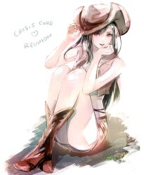 Rule 34 | 1girl, absurdres, adjusting clothes, adjusting headwear, ass, bare arms, bare shoulders, black hair, boots, breasts, brown footwear, brown hat, brown skirt, brown vest, cleavage, cowboy boots, cowboy hat, cowgirl (western), crisis core final fantasy vii, crop top, crossed ankles, final fantasy, final fantasy vii, full body, hair between eyes, hat, head on hand, highres, long hair, medium breasts, midriff, miniskirt, parted lips, red eyes, shirt, shoji sakura, sitting, skirt, sleeveless, sleeveless shirt, smile, solo, thighs, tifa lockhart, tifa lockhart (cowgirl), vest, white background, white shirt