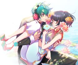 Rule 34 | 1boy, 1girl, black hair, blunt bangs, breasts, carrying, carrying person, chinese clothes, coco (eccentricrouge), couple, flower, glasses, green hair, headphones, hetero, jacket, large breasts, long sleeves, looking at another, mian (kof), ponytail, princess carry, shun&#039;ei, the king of fighters, the king of fighters xiv