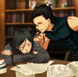 Rule 34 | 2boys, ahoge, bishounen, black hair, book, closed eyes, diarmuid ua duibhne (lancer) (fate), fate/stay night, fate/zero, fate (series), grabbing another&#039;s hair, library, long hair, male focus, mole, multiple boys, ninesounds, paper, parted bangs, short hair, sleeping, smile, waver velvet, yellow eyes