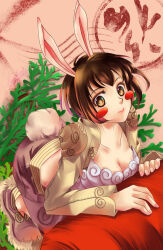 Rule 34 | 1girl, animal ears, blush, blush stickers, bra, breasts, brown eyes, brown footwear, brown gloves, brown hair, brown shirt, brown shorts, chinese commentary, chinese zodiac, cleavage, closed mouth, commentary request, full body, gloves, leaf, leaning forward, looking at viewer, luodiyee, medium bangs, medium breasts, plant, rabbit ears, rabbit girl, rabbit tail, ragnarok online, shirt, short hair, shorts, shrug (clothing), smile, solo, tail, thief (ragnarok online), underwear, white bra, year of the rabbit