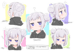Rule 34 | ..., 1girl, annoyed, black hoodie, blush, bright pupils, character name, crying, dated, double bun, drawstring, english text, expressions, female focus, flying sweatdrops, hair bun, highres, hood, hood down, hoodie, jitome, looking at viewer, looking down, original, purple eyes, samansa ex, shy, solo, spoken ellipsis, tears, white hair, white pupils