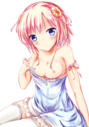 Rule 34 | 1girl, bare arms, bare shoulders, blue dress, blue eyes, blush, breasts, closed mouth, clothes pull, collarbone, commentary request, dress, dress pull, frilled dress, frills, medium breasts, nipples, original, pink hair, shihou haru, sidelocks, simple background, sitting, smile, solo, strap slip, thighhighs, white background, white thighhighs