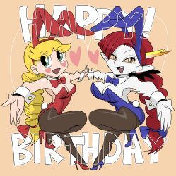 Rule 34 | 2girls, absurdres, ass, blonde hair, breasts, cleavage, disney, fang, hekapoo, high heels, highres, large breasts, leotard, medium breasts, multiple girls, playboy bunny, ponkotsukun, red hair, star butterfly, star vs the forces of evil