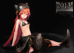 Rule 34 | 10s, 1girl, 2013, :p, animal ears, ankle boots, bad id, bad pixiv id, bikini, bikini top only, black bikini, boots, breasts, cat ears, clothes around waist, english text, helmet, long hair, neco, original, red eyes, red hair, sitting, small breasts, solo, swimsuit, tongue, tongue out, underboob