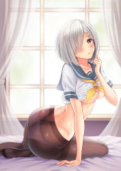 Rule 34 | 10s, 1girl, absurdres, ass, back, bad id, bad yandere id, black pantyhose, blue eyes, blush, breasts, butt crack, hair ornament, hair over one eye, hairclip, hamakaze (kancolle), highres, kantai collection, large breasts, looking at viewer, ltt challenger, open mouth, panties, panties under pantyhose, pantyhose, school uniform, serafuku, shiny clothes, short hair, silver hair, solo, underboob, underwear