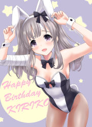 Rule 34 | 1girl, :d, animal ears, arms up, bare shoulders, black bow, blush, bow, brown pantyhose, character name, collar, collarbone, commentary request, detached collar, fake animal ears, grey hair, hairband, happy birthday, highres, holding ears, idolmaster, idolmaster shiny colors, leaning forward, leotard, long hair, looking at viewer, neko danshaku, open mouth, pantyhose, playboy bunny, purple background, purple eyes, rabbit ears, rabbit tail, smile, solo, star (symbol), starry background, twintails, white collar, white hairband, wing collar, wrist cuffs, yukoku kiriko
