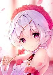 Rule 34 | 1girl, absurdres, bare shoulders, bridal veil, bride, closed mouth, dress, fingerless gloves, flower, gloves, hair between eyes, hair flower, hair ornament, highres, holding, holding flower, honkai (series), honkai impact 3rd, looking at viewer, mofa gu zi xi sang jiang, petals, red eyes, red flower, red rose, rose, smile, solo, theresa apocalypse, theresa apocalypse (luna kindred), veil, wedding dress, white dress, white gloves, white hair