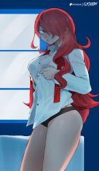 Rule 34 | 1girl, :o, black panties, breasts, breath, collared shirt, flytrapxx, hair over one eye, heavy breathing, highres, kirijou mitsuru, long hair, long sleeves, looking to the side, medium breasts, open clothes, open shirt, panties, partially undressed, persona, persona 3, red eyes, red hair, shirt, solo, underwear, white shirt
