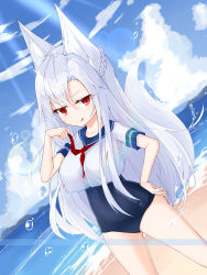 Rule 34 | 1girl, :p, absurdres, animal ears, arm up, bad id, bad pixiv id, beach, braid, breasts, cloud, commission, covered navel, crop top, day, fox ears, fox tail, french braid, hand on own hip, highres, long hair, ocean, one-piece swimsuit, original, outdoors, red eyes, school swimsuit, school uniform, serafuku, shirt, silver hair, sky, smile, solo, swimsuit, swimsuit under clothes, tail, tongue, tongue out, white shirt, yeosi