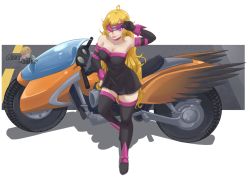 Rule 34 | 1girl, blonde hair, blush, breasts, bumblebee (rwby), cleavage, cosplay, dress, elbow gloves, fate/stay night, fate (series), gloves, long hair, looking at viewer, medusa (fate), medusa (rider) (fate), medusa (rider) (fate) (cosplay), motor vehicle, motorcycle, purple eyes, rwby, smile, solo, strapless, strapless dress, thighhighs, tongue, tongue out, yang xiao long