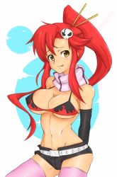 Rule 34 | 00s, 1girl, bad id, bad pixiv id, bikini, bikini top only, blush, breasts, cleavage, large breasts, long hair, madarame, muscular, pink thighhighs, ponytail, red hair, scarf, short shorts, shorts, solo, striped clothes, striped scarf, swimsuit, tengen toppa gurren lagann, thighhighs, tongue, underboob, yellow eyes, yoko littner