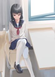 Rule 34 | 1girl, absurdres, arm support, black footwear, black hair, blue sailor collar, blue skirt, brown eyes, chair, desk, feet out of frame, hair over shoulder, highres, leaning back, loafers, long hair, long sleeves, looking at viewer, low twintails, miniskirt, neckerchief, original, pantyhose, pleated skirt, red neckerchief, sailor collar, school uniform, serafuku, shoes, shouyue, sitting, skirt, solo, sweater, twintails, white pantyhose, white sweater