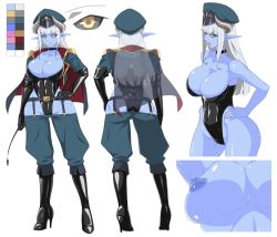 Rule 34 | 1girl, ass, black footwear, black gloves, black leotard, black sclera, blue skin, blunt bangs, boots, breasts, cape, character sheet, choker, cleavage, colonel pale, colored sclera, colored skin, demon girl, demon horns, elbow gloves, full body, gloves, hand on own hip, hat, high heel boots, high heels, highres, horns, knee boots, large breasts, leather, leather boots, leather gloves, leotard, long hair, looking at viewer, lowleg, lowleg pants, military, military uniform, mimizu (tokagex), multiple views, nipples, open mouth, original, pants, peaked cap, pointy ears, riding crop, silver hair, skin tight, standing, suspenders, uniform, yellow eyes