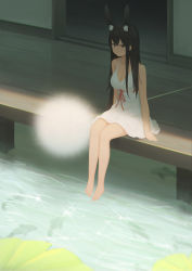 Rule 34 | 1girl, absurdres, animal ear fluff, animal ears, arms at sides, bare arms, bare legs, bare shoulders, barefoot, black hair, breasts, chinese commentary, cleavage, commentary, dandelion, day, dress, fish, flower, foot dangle, highres, large breasts, lily pad, long hair, on floor, open door, original, oversized flower, pond, porch, rabbit ears, sash, scenery, shade, sitting, sleeveless, sleeveless dress, solo, sparkle, sundress, veranda, water, white dress, wooden floor, yao ren gui