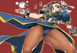 Rule 34 | 1girl, :t, baozi, blue dress, bracelet, breasts, brown eyes, brown hair, brown pantyhose, bun cover, capcom, china dress, chinese clothes, chun-li, clothing aside, covered erect nipples, double bun, dress, eating, food, food on face, from below, gluteal fold, hair bun, impossible clothes, impossible dress, jewelry, looking at viewer, medium breasts, outline, pantyhose, pelvic curtain, pelvic curtain aside, puffy short sleeves, puffy sleeves, red background, sash, short sleeves, sidelocks, solo, spiked bracelet, spikes, street fighter, street fighter ii (series), thick thighs, thighs, upskirt, view between legs, ysk!