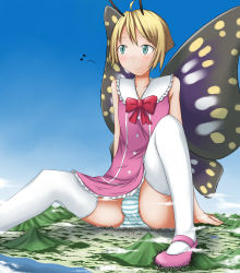 Rule 34 | 1boy, absurdres, ahoge, antennae, aqua eyes, beach, blonde hair, blue eyes, bulge, butterfly wings, cloud, crossdressing, destruction, dress, fairy, giant, highres, insect wings, lake, male focus, monster boy, mountain, musical note, panties, pink dress, river, shimon (shimotsuma), shimotsuma, shoes, sitting, sky, slit pupils, solo, source request, spread legs, striped clothes, striped panties, terada ochiko, thighhighs, tokyo (city), tokyo tower, trap, underwear, upskirt, white thighhighs, wings, zettai ryouiki