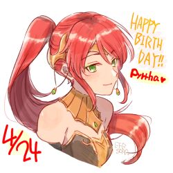 Rule 34 | 1girl, bare shoulders, character name, circlet, dated, diadem, earrings, forehead protector, green eyes, happy birthday, heart, jewelry, long hair, ponytail, pyrrha nikos, red hair, rwby, simple background, smile, solo, sora (efr), white background