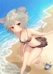 Rule 34 | 1girl, animal ears, bare arms, bare legs, bare shoulders, barefoot, beach, bikini, bikini skirt, bishamonten&#039;s pagoda, black bikini, breasts, cleavage, collarbone, day, front-tie top, grey hair, halterneck, halterneck, looking at viewer, mouse ears, mouse tail, nazrin, outdoors, polpol, red eyes, sand, short hair, small breasts, solo, standing, standing on one leg, summer, swimsuit, tail, touhou, water