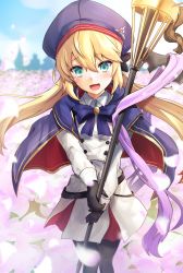Rule 34 | 1girl, absurdres, artoria caster (fate), artoria caster (second ascension) (fate), artoria pendragon (fate), bad id, bad pixiv id, beret, black gloves, blonde hair, blue capelet, blue headwear, blue sky, blush, breasts, buttons, capelet, double-breasted, dress, fate/grand order, fate (series), field, flower, flower field, gloves, hat, highres, holding, holding staff, long hair, long sleeves, looking at viewer, open mouth, pantyhose, petals, samoore, sky, smile, staff, white dress