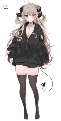 Rule 34 | 1girl, ahoge, black jacket, black shorts, blush, breasts, brown thighhighs, closed mouth, collarbone, demon girl, demon horns, demon tail, full body, goat horns, gradient hair, hair between eyes, heart, heart tail, highres, horns, jacket, jewelry, komupi, large breasts, light brown hair, long hair, long sleeves, looking at viewer, multicolored hair, nail polish, necklace, no shoes, original, pointy ears, puffy long sleeves, puffy sleeves, red eyes, red hair, red nails, ringlets, shorts, sidelocks, simple background, skindentation, slit pupils, solo, standing, tail, thighhighs, two-tone hair, very long hair, white background, zipper