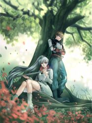 Rule 34 | 1boy, 1girl, armor, artist name, black jacket, blonde hair, blue eyes, boots, closed mouth, commentary, commission, crossed arms, dress, english commentary, full body, holding, holding sword, holding weapon, jacket, jaune arc, long hair, long sleeves, outdoors, petals, ponytail, rwby, scar, scar across eye, short hair, shumijin, sitting, standing, sword, tree, very long hair, weapon, weiss schnee, white dress, white footwear, white hair