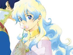 Rule 34 | + +, 00s, 1boy, 1girl, blue hair, covered mouth, cross-shaped pupils, curly hair, dress, earrings, flower, flower over mouth, hair between eyes, holding, holding flower, jewelry, long hair, looking at viewer, necklace, nia teppelin, off-shoulder dress, off shoulder, portrait, ring, shade, simon (ttgl), simple background, symbol-shaped pupils, tengen toppa gurren lagann, upper body, white background, white hair