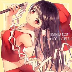 Rule 34 | 1girl, arched back, blush, bow, brown hair, closed mouth, collared shirt, commentary request, detached sleeves, gohei, hair bow, hair tubes, hakurei reimu, highres, long hair, long sleeves, looking at viewer, nail polish, nenobi (nenorium), red bow, red eyes, red nails, red shirt, shirt, sleeveless, sleeveless shirt, smile, solo, thank you, touhou, twitter username, upper body, yellow background