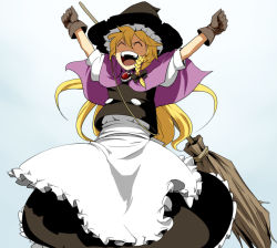Rule 34 | 1girl, blonde hair, braid, broom, dress, female focus, gloves, gradient background, hair ribbon, happy, hat, kirisame marisa, open mouth, pageratta, ribbon, solo, touhou, witch, witch hat