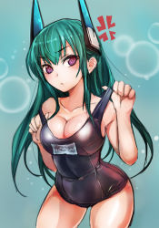 Rule 34 | 1girl, anger vein, black one-piece swimsuit, breasts, cleavage, clothes pull, green hair, headgear, highres, large breasts, long hair, menou kaname (taishi), one-piece swimsuit, one-piece swimsuit pull, original, purple eyes, robot ears, school swimsuit, solo, swimsuit, taishi (picchiridou)