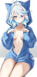 Rule 34 | 1girl, absurdres, ahoge, animal hood, blue eyes, blue jacket, blush, cat hood, collarbone, commentary, english commentary, furina (genshin impact), genshin impact, highres, hood, hooded jacket, jacket, long sleeves, looking at viewer, navel, no pants, short hair, simple background, sitting, solo, stomach, thighs, vitaminechan, white background, white hair