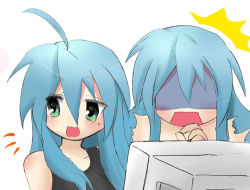 Rule 34 | ^^^, 00s, 2girls, age difference, ahoge, blue hair, computer, green eyes, izumi kanata, izumi konata, lowres, lucky star, masayu, mother and daughter, multiple girls, pornography, surprised, tagme