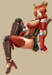 Rule 34 | 00s, 1girl, animal ears, armor, blue eyes, breasts, cat ears, cat girl, cat tail, cleavage, covered erect nipples, final fantasy, final fantasy xi, fingerless gloves, gloves, high heels, large breasts, legs, mithra (ff11), nanaa mihgo, red hair, shoes, simple background, solo, tail, thighhighs, thighs, toguchi masaya