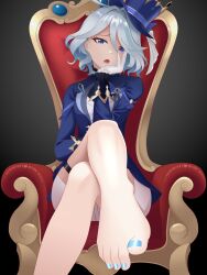 Rule 34 | 1girl, armchair, barefoot, blue eyes, chair, crossed legs, feet, furina (genshin impact), genshin impact, hand on own cheek, hand on own face, highres, looking at viewer, medium hair, open mouth, simple background, sitting, toes, zhai p (39wfox)
