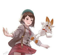 Rule 34 | 1girl, artist name, aztodio, backpack, bag, brown eyes, brown hair, creatures (company), dated, dress, game freak, gen 8 pokemon, gloria (pokemon), green hat, hat, highres, hood, hooded sweater, long sleeves, nintendo, open mouth, outstretched arms, pokemon, pokemon (creature), pokemon swsh, scorbunny, short hair, simple background, spread arms, sweater, tam o&#039; shanter, white background