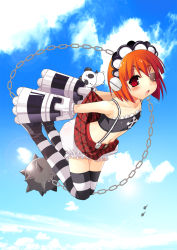 Rule 34 | 1girl, :o, aircraft, airplane, android, arm cannon, arms behind back, ball and chain (weapon), bandeau, bare shoulders, black thighhighs, bloomers, blush, bob cut, chain, clothes lift, cloud, contrail, cross, cross-laced clothes, day, eyepatch, flail, flat chest, flying, from side, gothic lolita, headphones, highres, jet, kouki kuu, lolita fashion, looking at viewer, midriff, nitroplus, open mouth, orange hair, outdoors, panda, plaid, plaid skirt, pleated skirt, red eyes, satsurikuin ouka, screw, short hair, skirt, skirt lift, sky, solo, spiked ball and chain, striped clothes, striped thighhighs, suspenders, thighhighs, underwear, weapon, white thighhighs, zettai ryouiki