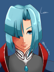 Rule 34 | 1girl, armor, blue eyes, blue hair, character name, closed mouth, grandia, grandia i, hair over one eye, leen (grandia), looking at viewer, short hair, shoulder armor, simple background, solo, soudou utsumi, twitter username