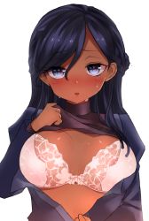 Rule 34 | 1girl, black hair, black shirt, blue eyes, blue jacket, blush, bra, braid, breasts, clothes lift, commentary, dark-skinned female, dark skin, highres, jacket, large breasts, long hair, long sleeves, looking at viewer, neit ni sei, open clothes, open jacket, open mouth, original, shirt, shirt lift, simple background, solo, sweat, underwear, upper body, white background, white bra