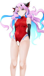 Rule 34 | 1girl, absurdres, bare shoulders, black gloves, blue hair, breasts, elbow gloves, facial mark, fate/grand order, fate (series), forehead mark, gloves, hair ribbon, highleg, highleg swimsuit, highres, horns, ishtar (fate), long hair, looking at viewer, medium breasts, multicolored hair, noir (4chan), one-piece swimsuit, parted bangs, pink hair, red one-piece swimsuit, ribbon, solo, space ishtar (fate), space ishtar (third ascension) (fate), swimsuit, symbol-shaped pupils, two-tone hair, two side up, yellow eyes