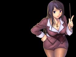 Rule 34 | 1girl, black eyes, breasts, brown hair, cleavage, formal, hae-young na, hand on own hip, highres, hip focus, jacket, jewelry, large breasts, leaning forward, lipstick, long hair, makeup, miniskirt, necklace, pantyhose, pencil skirt, pointer, purple eyes, purple hair, simple background, skirt, skirt suit, smile, solo, soo-hyon lee, suit, teacher, unbalance unbalance, unbalance x unbalance, wallpaper