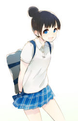 Rule 34 | 1girl, :d, arms behind back, bad id, bad pixiv id, bag, black hair, blue eyes, highres, ishikawa mami, looking at viewer, open mouth, original, plaid, plaid skirt, pleated skirt, school bag, school uniform, short hair, simple background, skirt, smile, solo, white background