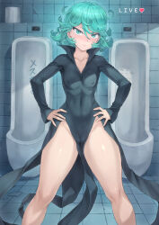 Rule 34 | 1girl, absurdres, black dress, cameltoe, cleft of venus, closed mouth, collarbone, collared dress, covered erect nipples, curly hair, dress, feet out of frame, green eyes, green hair, hair between eyes, hands on own hips, heart, highres, indoors, legs apart, long sleeves, mogudan, no bra, one-punch man, pelvic curtain, solo, standing, tatsumaki, thick thighs, thighs, tile floor, tiles, urinal