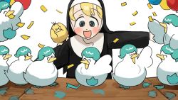 Rule 34 | 1girl, animal, animal on shoulder, balloon, bird, bird on shoulder, blonde hair, blue eyes, blush, clumsy nun (diva), confetti, cosplay, creatures (company), diva (hyxpk), duck, duckling, footprints, game freak, gen 1 pokemon, habit, highres, little nuns (diva), nintendo, nun, paint, pokemon, psyduck, psyduck (cosplay), quaxly, quaxly (cosplay), smile, traditional nun, white background, wig