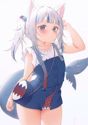 Rule 34 | 1girl, blue dress, blue eyes, blue hair, blue nails, blush, collarbone, cowboy shot, dress, fins, fish tail, gawr gura, gawr gura (casual), hand up, highres, hololive, hololive english, looking at viewer, medium hair, multicolored hair, nail polish, official alternate costume, simple background, solo, standing, streaked hair, suspenders, tail, twintails, virtual youtuber, white background, white hair, zhaofeng yinyue