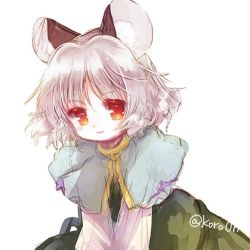 Rule 34 | 1girl, animal ear fluff, animal ears, biyon, black dress, capelet, commentary request, dress, grey hair, long sleeves, looking at viewer, medium hair, mouse ears, nazrin, red eyes, shirt, simple background, smile, solo, touhou, twitter username, upper body, white background, white shirt