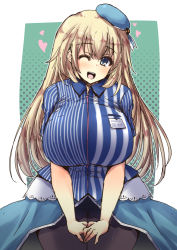 Rule 34 | 10s, 1girl, atago (kancolle), beret, black pantyhose, blonde hair, blue eyes, blue hat, blush, breasts, collared shirt, cowboy shot, dress shirt, employee uniform, green background, hat, head tilt, heart, huge breasts, kantai collection, lawson, long hair, looking at viewer, own hands together, pantyhose, shinshin, shirt, short sleeves, simple background, sitting, solo, striped clothes, striped shirt, uniform, v arms, vertical-striped clothes, vertical-striped shirt, very long hair