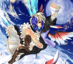 Rule 34 | 1girl, bad id, bad pixiv id, boots, dress, eho (icbm), feathers, female focus, flying, head wings, horns, kaiho, moon, multicolored hair, outdoors, red eyes, silver hair, sky, solo, tokiko (touhou), touhou, wings