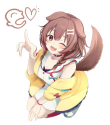 Rule 34 | 1girl, animal ears, asacrebleu, blue footwear, blurry, blurry background, blush, bone hair ornament, braid, breasts, brown eyes, brown hair, cleavage, collar, depth of field, dog ears, dog girl, dog tail, hair ornament, highres, hololive, index finger raised, inugami korone, inugami korone (1st costume), jacket, large breasts, long hair, looking at viewer, low twin braids, medium breasts, nail polish, one eye closed, red collar, red legwear, simple background, smile, solo, tail, twin braids, virtual youtuber, white background, yellow jacket, yellow nails