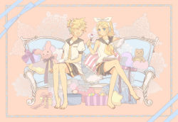 Rule 34 | 1boy, 1girl, barefoot, blonde hair, blue eyes, blue upholstery, box, brother and sister, couch, cup, feet, hair ornament, hair ribbon, hairclip, headphones, headset, kagamine len, kagamine rin, lace, legs, crossed legs, pillow, ranpak, ribbon, short hair, siblings, sitting, stuffed animal, stuffed toy, teddy bear, twins, vocaloid